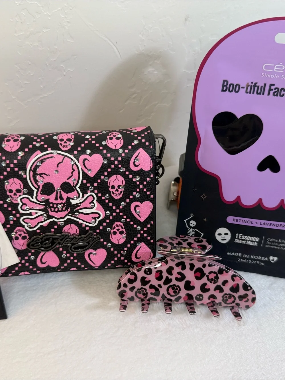 Ed Hardy Black & Pink Skull Crossbones Chain Wallet Shoulder Bag